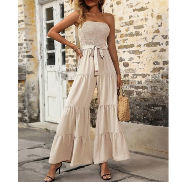 Boho Ruffle Hem Belted Tube Jumpsuit - Picture 1 of 9